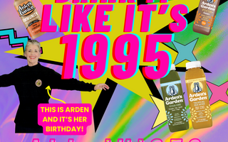 Arden’s Garden birthday sale poster with juice specials and Drink It Like It’s 1995 promotion.